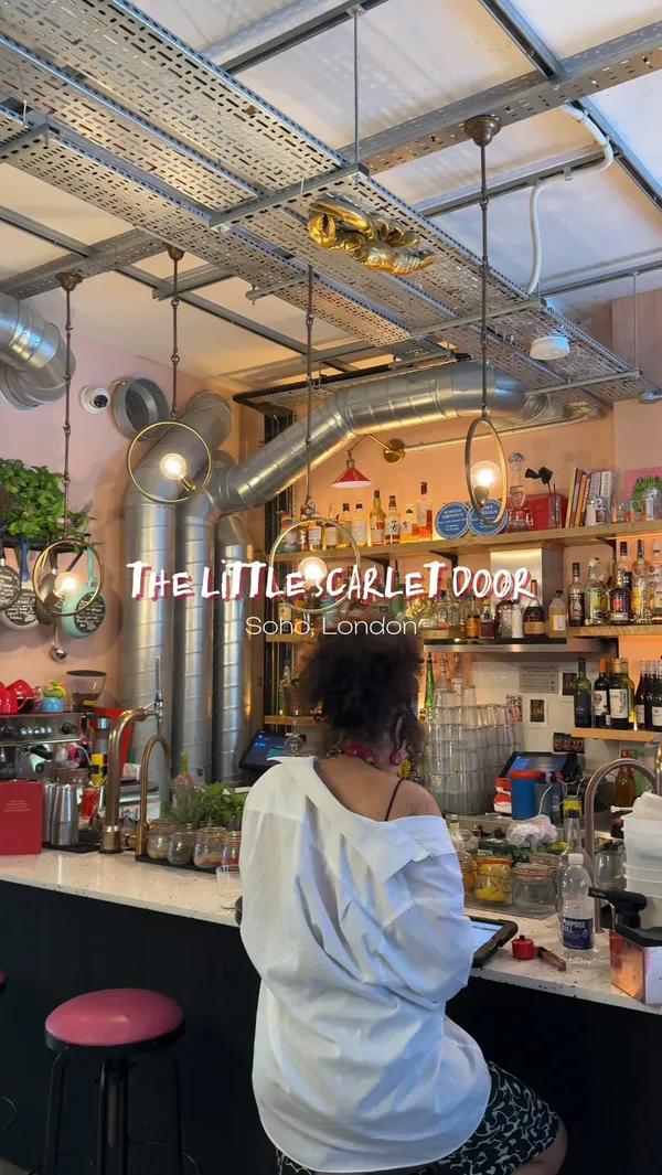 This video showcases The Little Scarlet Door, a cocktail bar in Soho, London.  It highlights the bar's unique interior design, which includes a living room-style setting with quirky elements like a red refrigerator covered in photos, and a hidden room.  The video features various cocktails, including a distinctive one served in a disco ball, along with appetizers like a charcuterie board and sandwiches.  The overall atmosphere is lively and trendy, focusing on the experience of socializing at the bar.
