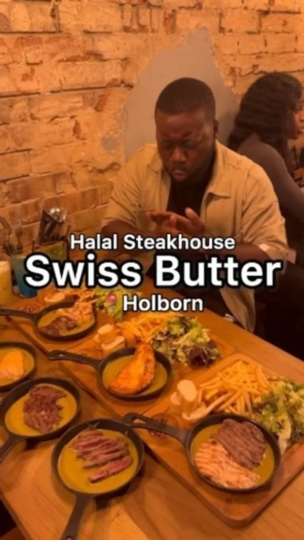 The video showcases Swiss Butter, a Halal steakhouse in Holborn, London.  Various dishes are featured, including beef fillet, ribeye steak, chicken, and salmon, all served with a creamy buttery sauce, fries, salad, and bread.  Desserts like molten lava cake and Pain Perdu are also shown. The main focus is on the food and the positive dining experience of the content creator and their friends.