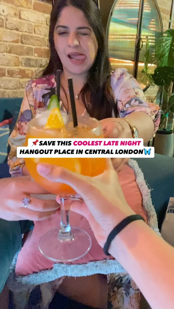 The video showcases The Little Scarlet Door, a bar in Central London. It features various food and drink items, including cocktails, a mezze platter with hummus, olives, pita bread, and other dips, and a toasted sandwich. The presentation emphasizes vibrant colors and appealing food arrangements. No dietary information is explicitly mentioned. The main focus is on showcasing the venue's ambiance and food offerings as a late-night hangout spot.