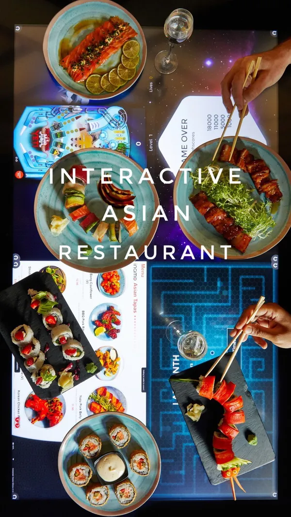 The video showcases Inamo, an interactive Asian restaurant in London. It highlights the restaurant's table ordering system, various games available while waiting for food, and an all-you-can-eat Asian tapas menu. The video shows a variety of sushi, other small plates, and drinks.  No specific dietary information is provided.