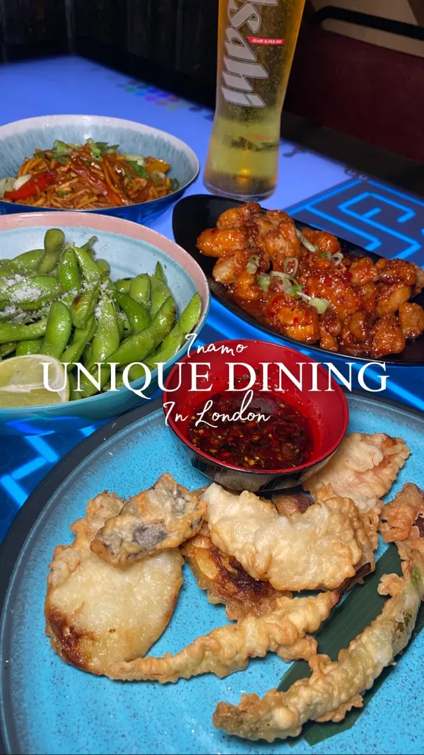 The video showcases Inamo restaurant in London, highlighting its interactive digital tables and diverse menu featuring Japanese, Chinese, Thai, and Korean cuisine.  The food presented includes noodles, sushi (dragon roll), edamame, and some fried appetizers. The presentation focuses on vibrant colors and close-ups of dishes.  No specific dietary information is provided.