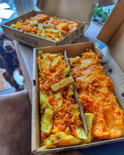 Chicken bites, cod bites, and fish with chips from Fenham Fish Bar, Newcastle, perfect for Good Friday chippy tea.