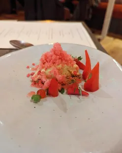 Gourmet meal at Solo Restaurant: scallop with apple, cauliflower, black pork; turbot with seashore herbs; smoked eel with mouli; Guinea hen with maitake mushroom; rhubarb dessert with white chocolate; 'Pink Lady' apple dessert with honey cream.