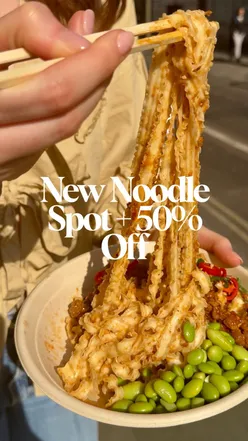 Bowl of Taiwanese noodles with chicken in ginger sesame sauce at Covent Garden's new Kung Fu Mama noodle bar.