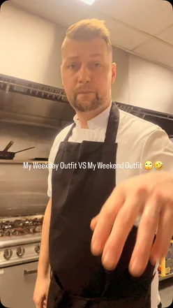 Jev the Chef in weekday apron and weekend casual outfit, Manchester style switch, #OOTDReel