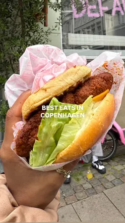 Copenhagen food tour featuring Hart Bageri pastries, Joan’s Pølser hot dogs, Poulette fried chicken, and Noma dishes.