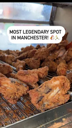 Iconic Chicken Split sandwich with fried chicken, salad cream, and Bigga grape soda at Chicken Run, Moss Side, Manchester.