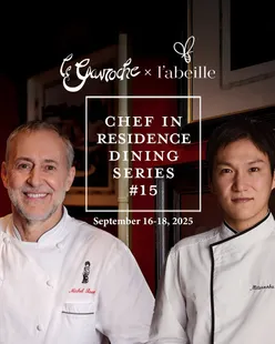 Michel Roux and Chef Mitsu's exclusive NY tasting menu at l’abeille, featuring Sardine Japonaise, Pavé of Turbot, and Roast Pigeon.