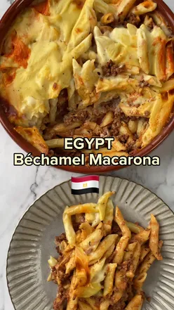Egyptian Béchamel Macarona pasta bake with creamy béchamel sauce, showcasing traditional Egyptian flavors.