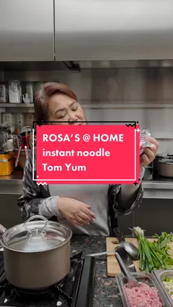Instant noodle Tom Yum dish from Rosa's Thai, ideal for a cold rainy day, featuring Mama noodles and Thai flavors.