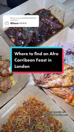 Caribbean and Nigerian fusion dish with oxtail, jerk chicken, rice and peas, and sprinkle cake at a London street food spot.