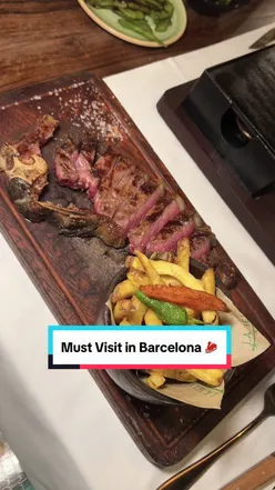 Jungle-themed La Selva steakhouse in Barcelona with swing seating, serving 60-day dry-aged Galician cow sirloin steak and dessert tray.