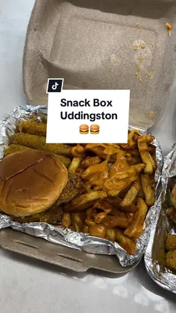 Delicious lunch at Snack Box in Uddingston featuring burgers, paninis, and loaded fries.