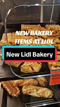 Delicious Lidl bakery treats including a fudgy Bakewell blondie and a lemon bun, showcasing new dessert options.