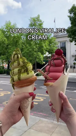 Viral London ice cream croissant with strawberry sorbet, chocolate sauce at British Patagonia, Islington. Vegan-friendly dessert.