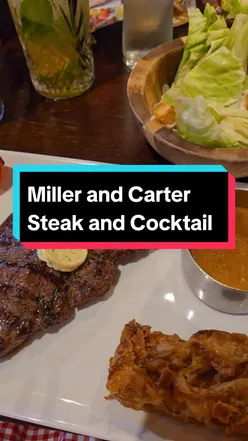 Rump steak with peppercorn sauce, fries, passionfruit mojito, and giant cookie dessert at Miller & Carter.
