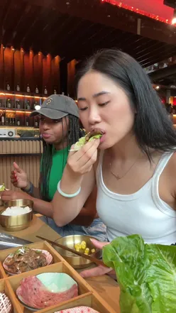 Delicious Korean BBQ mukbang set and honey butter fried chicken at Keonbae, East London, with peach shaved ice dessert.