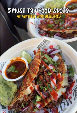 Delicious street food at London's Winter Wonderland Christmas market in Hyde Park, featuring festive treats and drinks.