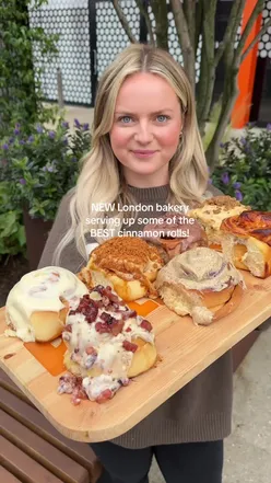 Warm cinnamon rolls from Roll Boys in Hackney Wick, featuring Cookie Butter and Cheese & Marmite flavors, baked by George.