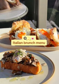 Italian brunch at BRUCO Ancoats: Panuozzo with sausage, egg, pancetta, truffle mushrooms, espresso martini, blood orange mimosa.