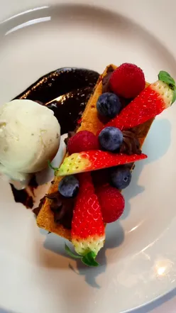 Strawberry and chocolate mille-feuille with chocolate sauce and lavender ice cream at 652-654 Argyle Street dessert menu.