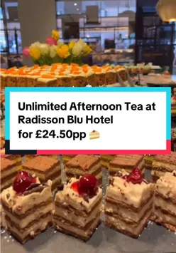 Unlimited afternoon tea with prosecco at Radisson Blu, featuring sweet treats, scones, and savouries.