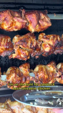 Rotisserie chicken from Al Bahia and Salam Butchers in London, priced at £7, known for its Algerian flavor.